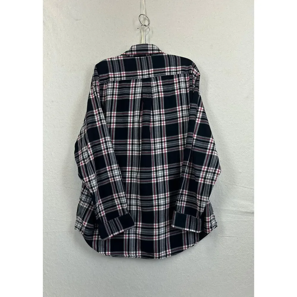 Brooks Brothers 346 L Plaid Button Down Men's Black White Red Cotton Flannel